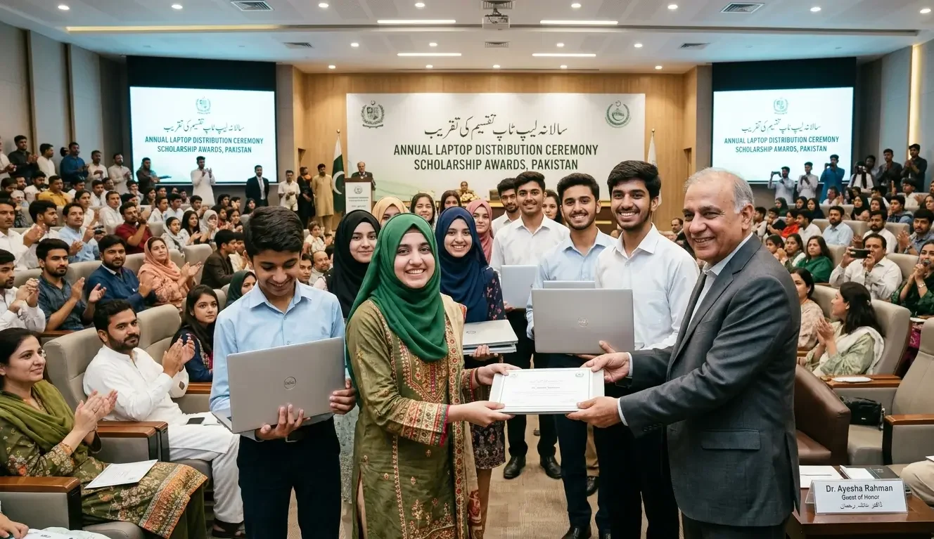 students receiving laptops in Pakistan